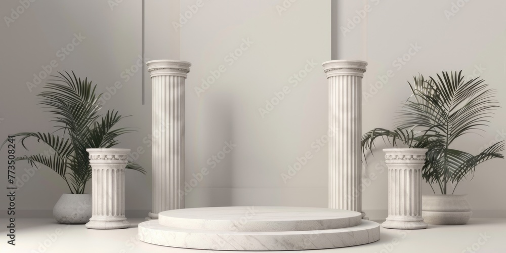 Poster a set of three white pillars with a plant in the middle. ideal for architectural and interior design