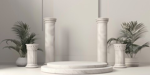 A set of three white pillars with a plant in the middle. Ideal for architectural and interior design projects - obrazy, fototapety, plakaty