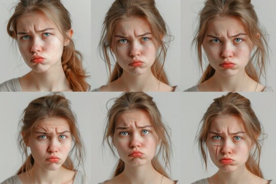 A collection of images featuring a woman showcasing different facial expressions. Ideal for illustrating emotions and reactions