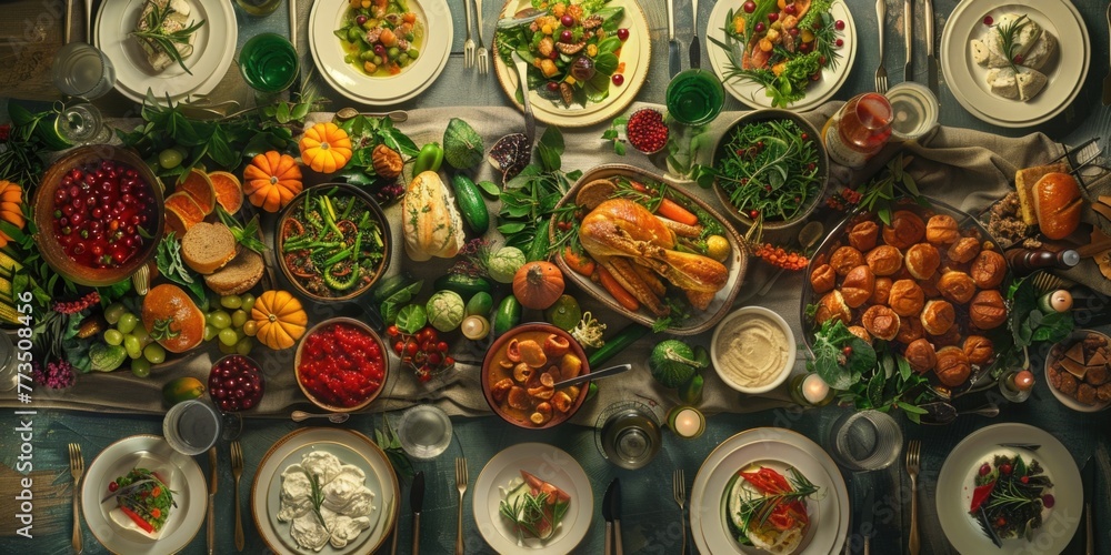 Poster A diverse selection of food displayed on a long table. Ideal for food-related concepts