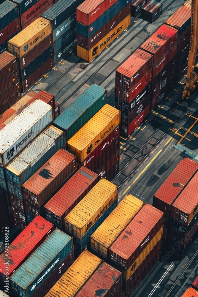 Poster a group of cargo containers on a train track, suitable for transportation concepts