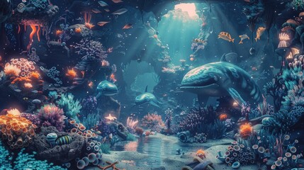 Fantastical Underwater Expedition for a Magical Birthday Adventure description This image depicts a fantastical underwater scene where a diverse - obrazy, fototapety, plakaty