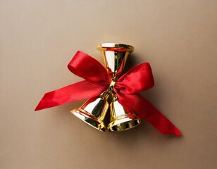 Beautiful golden jingle bells with a red bow. Minimal holiday concept