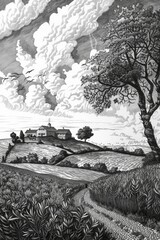 Detailed black and white drawing of a serene rural landscape. Suitable for various design projects