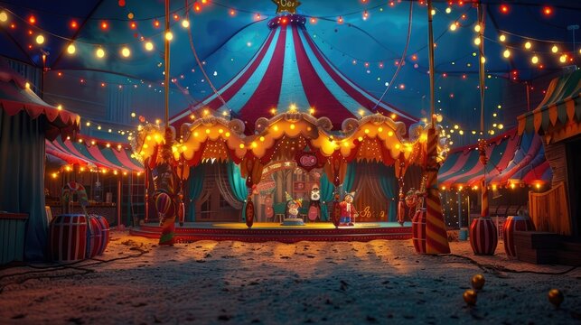 Whimsical Circus in Enchanting Tent with Acrobats and Clowns Performing Feats of Wonder