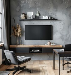 Modern interior, gray wall with black TV stand and table for working on the right side of the room