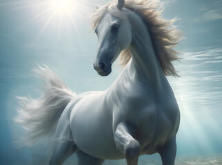 stunning white horse diving under water in  ocean. close up. conceptual Digital artwork. Ai generated
