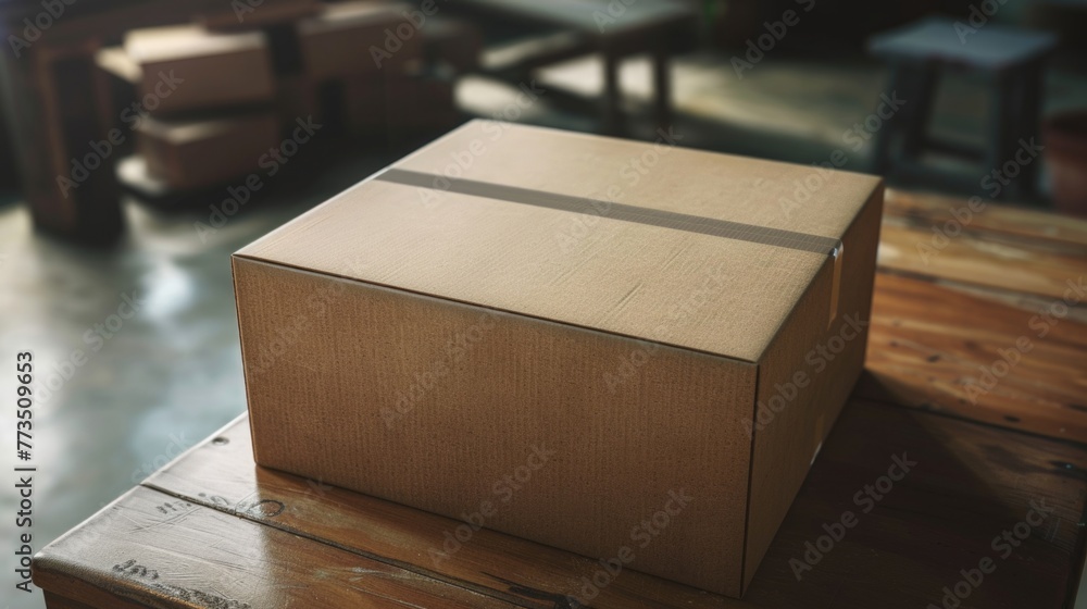 Aufkleber a simple cardboard box placed on a wooden table. suitable for various concepts and designs