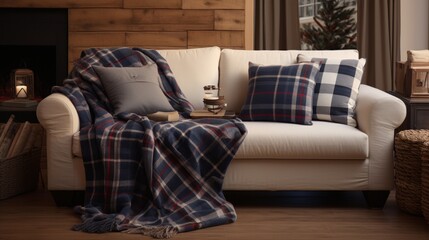 A cozy living room featuring a comfortable sofa and a throw blanket