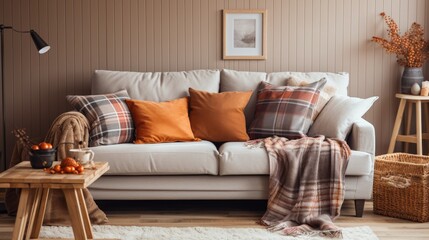 A cozy living room featuring a comfortable sofa and a throw blanket
