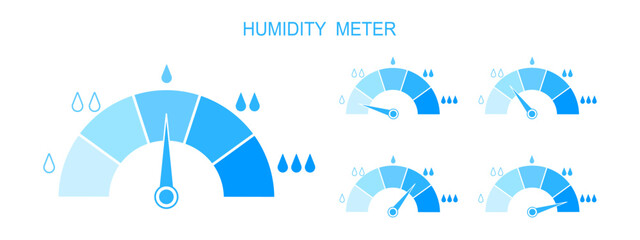 Set of humidity meters. Measuring dashboards with arrows and water drops with different levels of liquid. Hygrometer climate control tools isolated on white background. Vector flat illustration. - obrazy, fototapety, plakaty