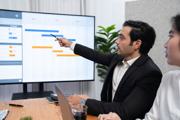 Project manager planning schedules for business task at meeting room, Gantt chart software show on...