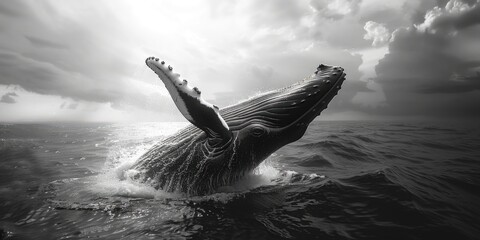 A majestic humpback whale leaping out of the water. Perfect for nature and wildlife themes - obrazy, fototapety, plakaty