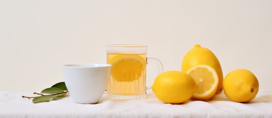Glass filled with refreshing lemonade placed beside a cup filled with lemonade on a table outdoors