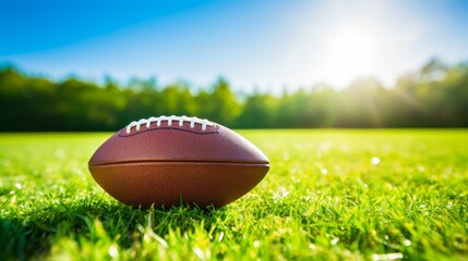 A football is placed on top of a vibrant green field