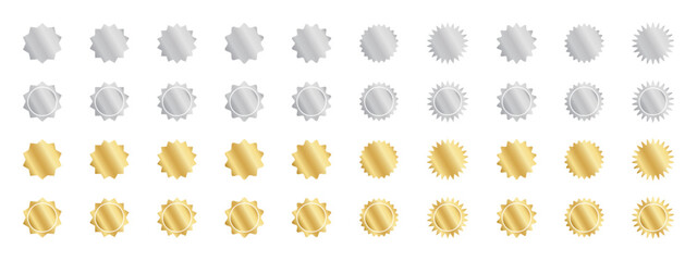 Set of silver and gold round stickers with wavy borders. Shining wiggly labels, quality badges, price tags, stamps, sale offer shapes isolated on white background. Vector illustration.