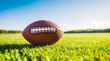 A football is placed on top of a vibrant green field