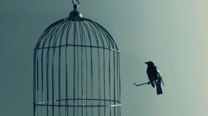 A minimalistic take on freedom is visualized through a bird perched in an unclosed cage