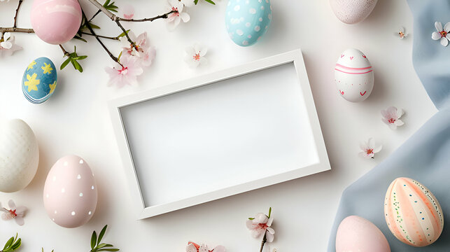 Easter background with eggs and flowers with borderline photo frame 