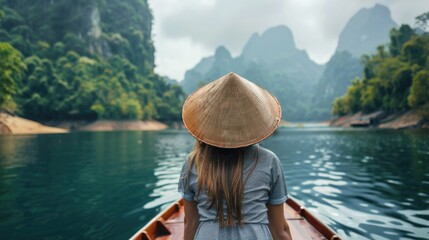 A woman in a hat sitting on a boat. Perfect for travel brochures