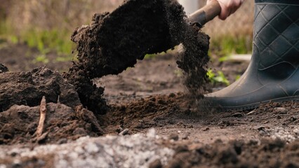 agriculture, farmer dripping soil foot rubber boots, ground, earth business, worker digs fertile...