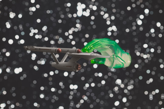 NEW YORK USA, APRIL 2 2024: Scene from Star Trek original series Who Morns for Adonis with Enterprise and giant green hand - Hallmark ornament