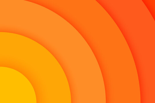 Orange corner concentric circles banner. Sun light, sunrise or sunset, sunburst background. Ripples, impact, sonar wave, radar sound signal wallpaper. Vector illustration in paper cut style.