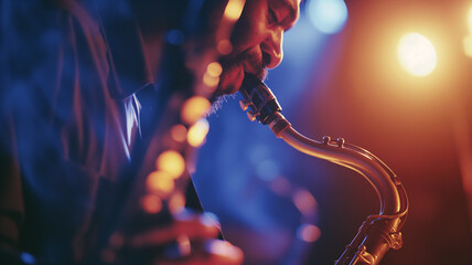 saxophonist playing music in night - obrazy, fototapety, plakaty