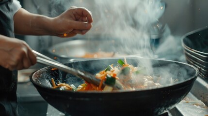 Person cooking food in a wok on a stove. Suitable for culinary blogs or cooking tutorials - obrazy, fototapety, plakaty