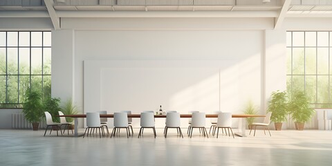 Modern meeting room with white walls, tiled floor, long wooden table with white chairs and large windows. 3d rendering
