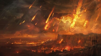 Sodom and Gomorrah destroyed by fiery meteorites falling from the sky in high resolution and high quality. biblical concept, history, religion - obrazy, fototapety, plakaty