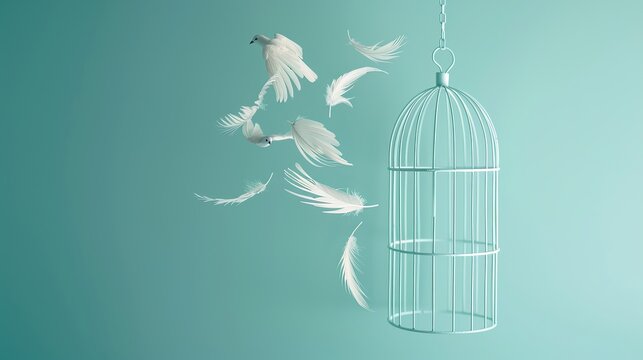 Retro birdcage releases white bird feathers into the pastel blue ether, offering a minimalist vision of liberation