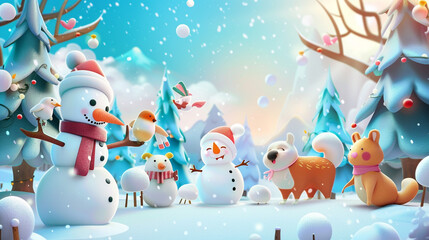 A charming winter wonderland populated by adorable snowmen and friendly woodland animals, portrayed...