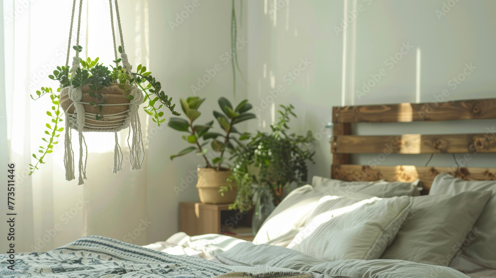 Poster A serene and inviting bedroom featuring a beautiful hanging macrame planter filled with lush succulents adding a touch of green without . .