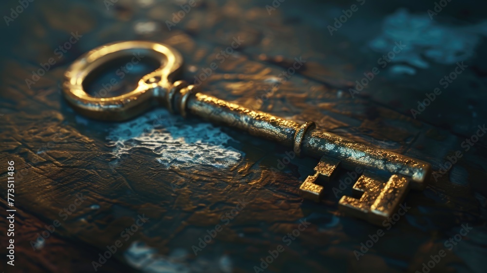 Poster a golden key resting on a piece of leather. suitable for various concepts and designs