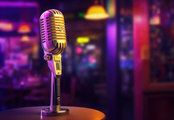 Close-up of retro vintage microphone, isolated on blurred colourful studio cafe and radio background. - obrazy, fototapety, plakaty