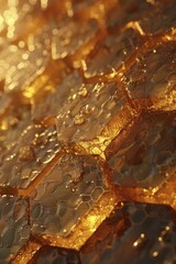 Explore a mesmerizing fusion of honeycomb design and solar energy innovation on a radiant gold backdrop, promoting bio-inspired energy solutions.