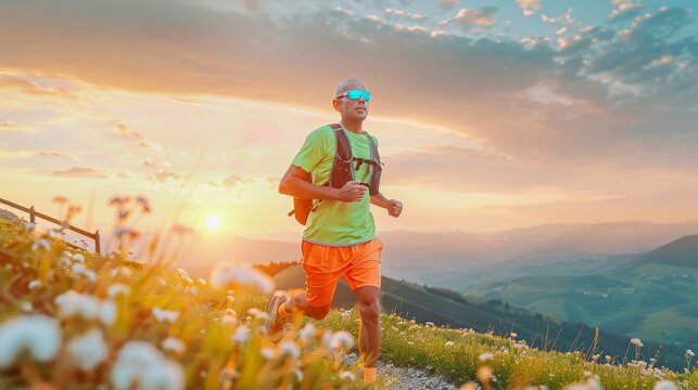 Middle-aged mountain trail runner man dressed bright t-shirt with a backpack in sports sunglasses endurance running uphill by picturesque hills at sunset time. Sporty active people concept image.