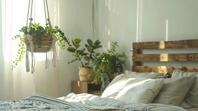 A serene and inviting bedroom featuring a beautiful hanging macrame planter filled with lush succulents adding a touch of green without . .