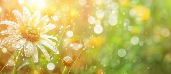 blooming white daisy flowers wet by rainwater