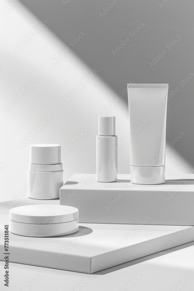 Aufkleber group of white containers on top of a table, suitable for various concepts