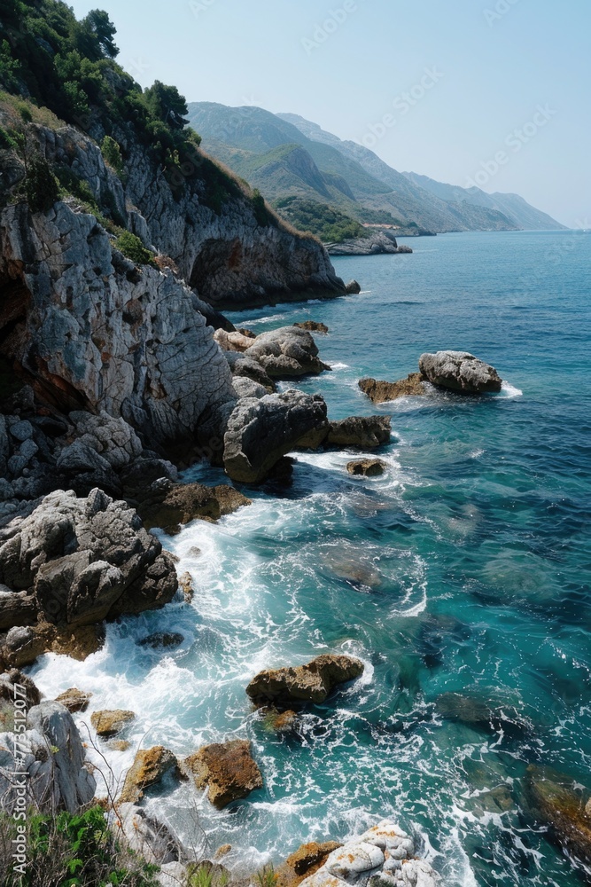 Poster a stunning view of the ocean from a cliff. perfect for travel and nature concepts