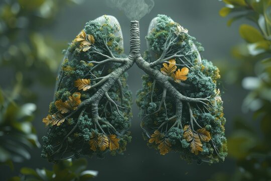 A symbolic representation showcasing the vital role of trees in purifying the air through a pair of lungs crafted from branches and leaves.