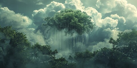 The digital forest blooms with coding raindrops from a celestial cloud, harnessing tech for reforestation. - obrazy, fototapety, plakaty