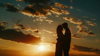 Romantic couple kissing in front of a beautiful sunset. Ideal for love and romance concepts