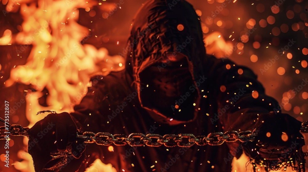 Poster a man in a hoodie standing in front of a fire. suitable for various themes and concepts