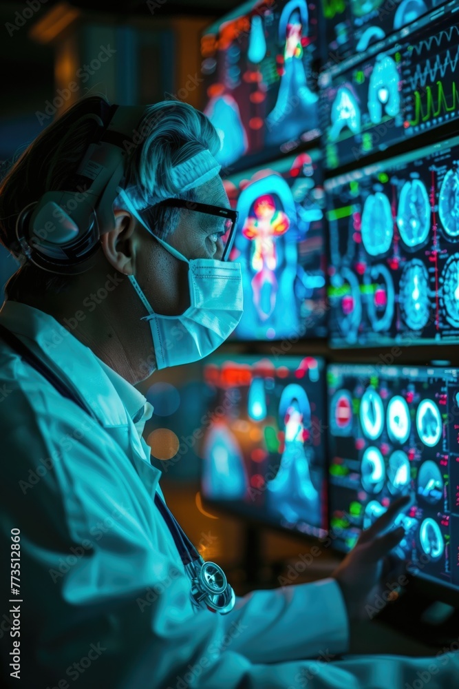Poster a man wearing a face mask standing in front of multiple mri screens. suitable for healthcare and med