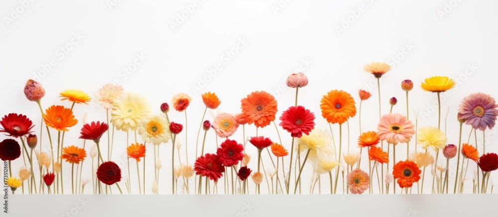 Poster several assorted flowers neatly lined up in a row on a plain white background, creating a simple and