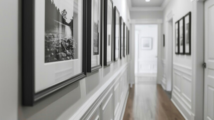 A hallway lined with framed black and white landscape photographs reminiscent of natures simplicity...