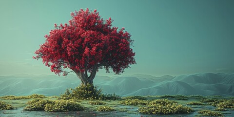 A stunning digital representation showcases a recycle bin morphing into a tree against a serene blue backdrop, advocating real-world recycling efforts. - obrazy, fototapety, plakaty